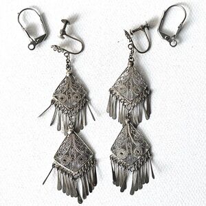 Vintage Silver Wire 2 3/4” Long Jasper Stone Teardrop Fringe Chandelier Earrings